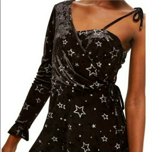 Topshop Star Velvet Asymmetrical Sleeve Romper 8 Black Silver Metallic Punk Sexy - Picture 2 of 5